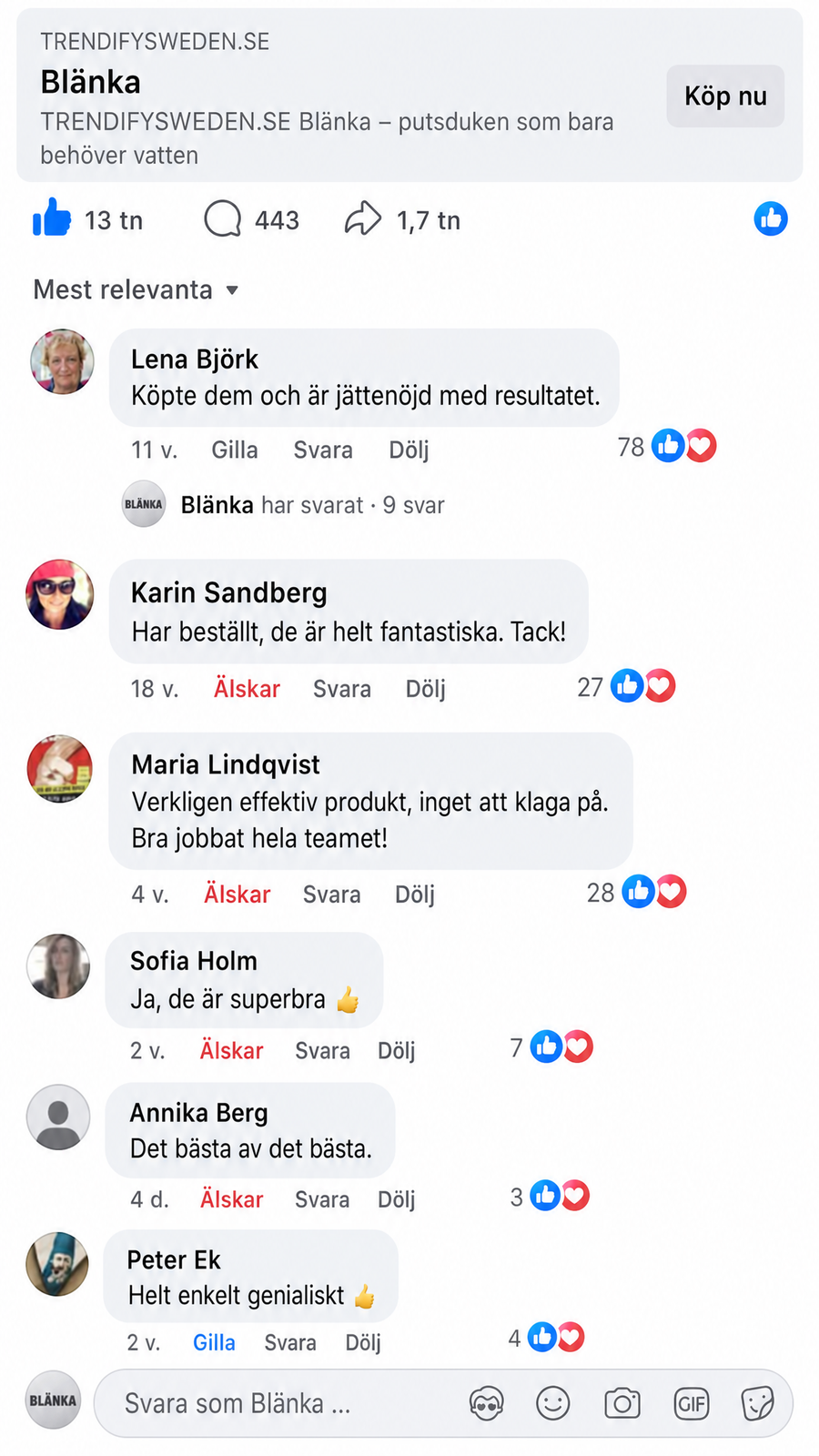 Kommentarer från kunder på Facebook