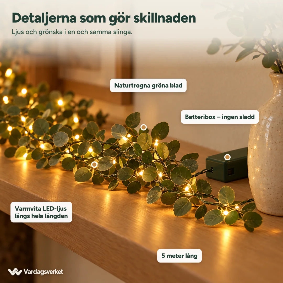 Närbild på GlowLine med gröna blad, varmvita LED-ljus och batteribox