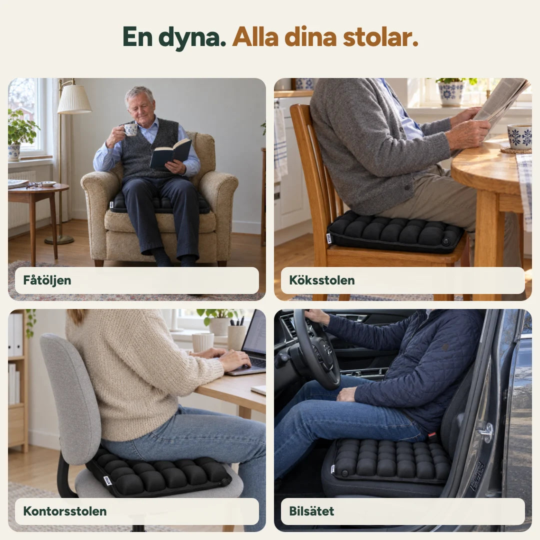 Cella i fåtöljen, på köksstolen, kontorsstolen och bilsätet