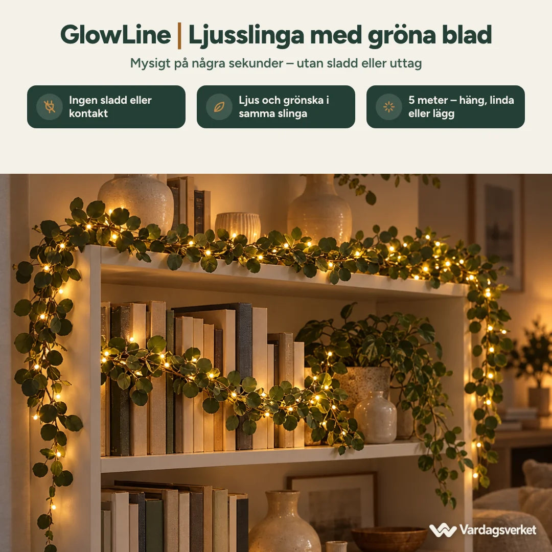 GlowLine på en bokhylla – ingen sladd, ljus och grönska i samma slinga, 5 meter