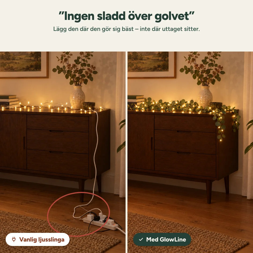 Vanlig ljusslinga med sladd och grenuttag jämfört med GlowLine utan sladd