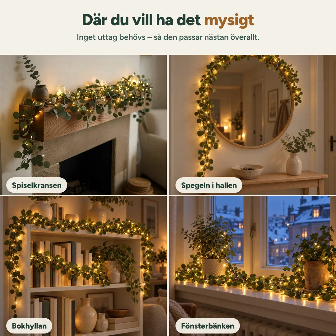 GlowLine på spiselkransen, runt hallspegeln, på bokhyllan och i fönstret