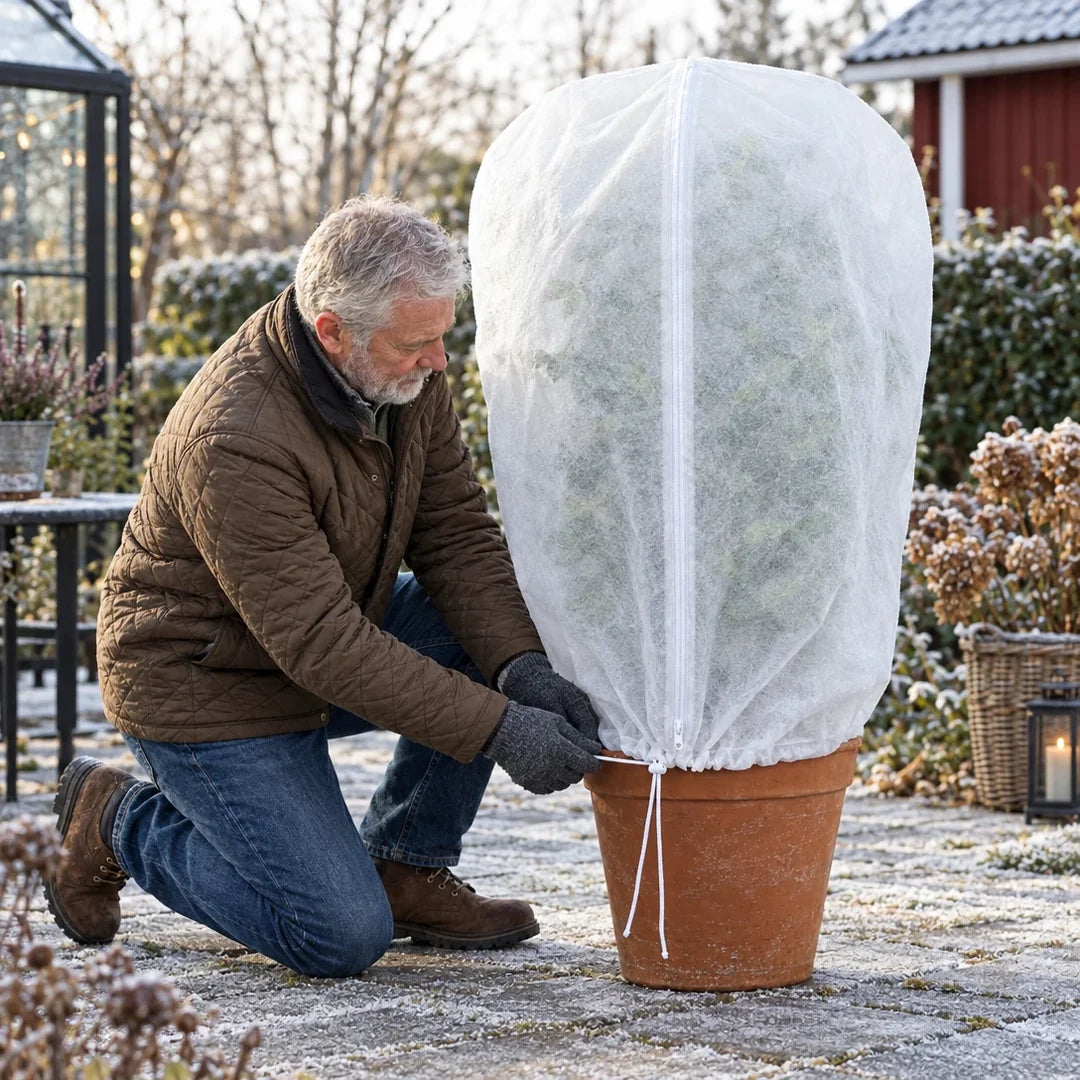 Man knyter dragskon på Vinterhuv på en frostig altan