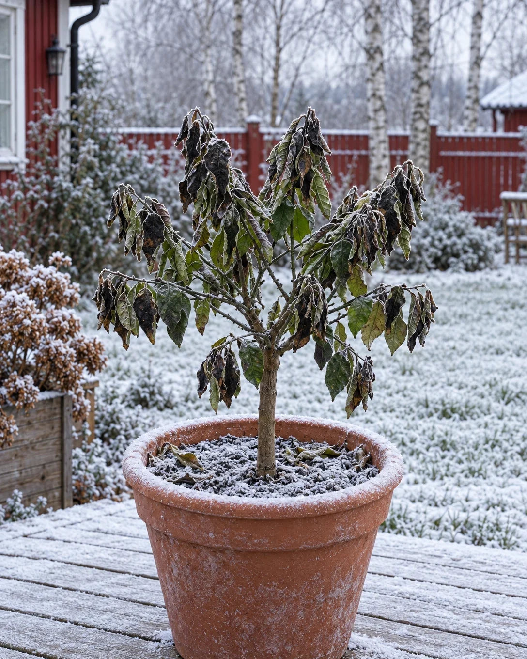 Frostskadat citronträd i kruka på snöig altan
