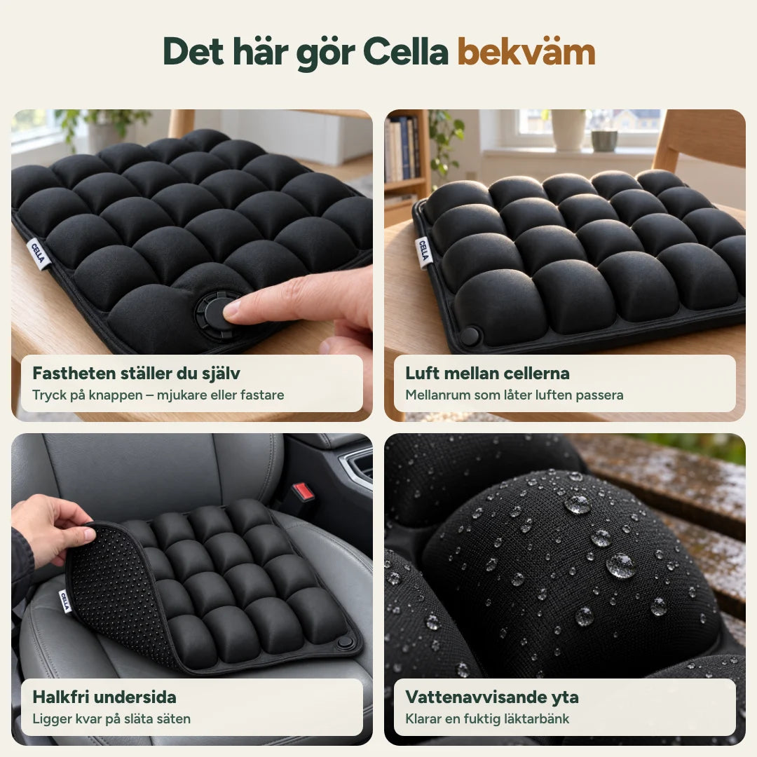 Justerbar fasthet, luft mellan cellerna, halkfri undersida och vattenavvisande yta