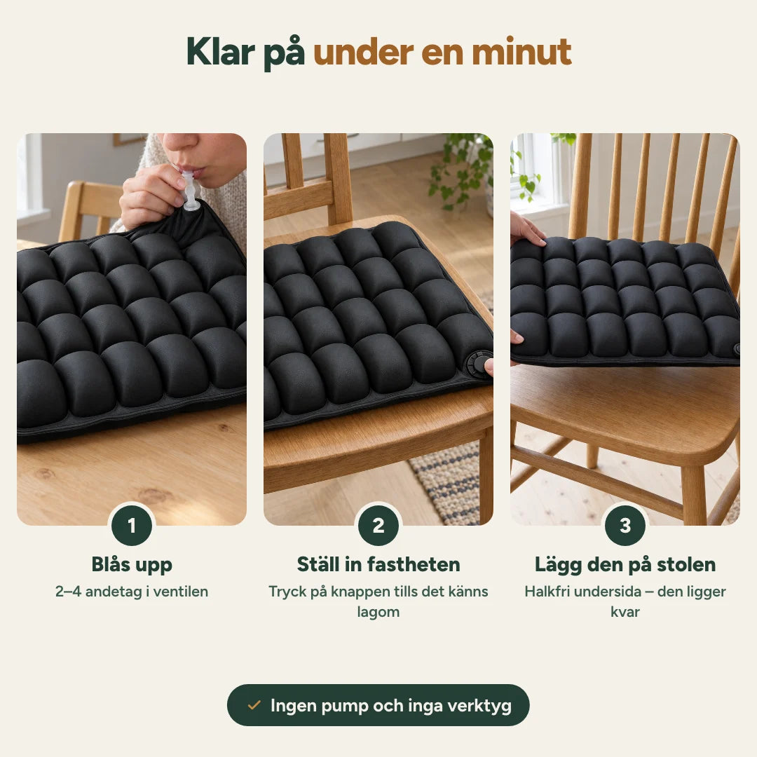 Blås upp, ställ in fastheten och lägg dynan på stolen