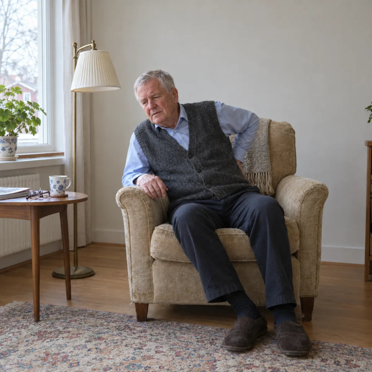 Man som sitter obekvämt i en fåtölj